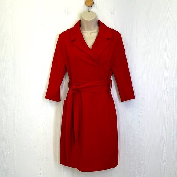 BirryShop - Red Three Quarter Pocket Tie Front Midi Dress  Size Medium - Picture 1 of 12